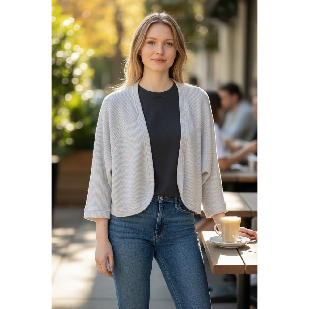 Cato Womens white Waffle Knit Open Front Shrug Cardigan Cropped Sweater Size L